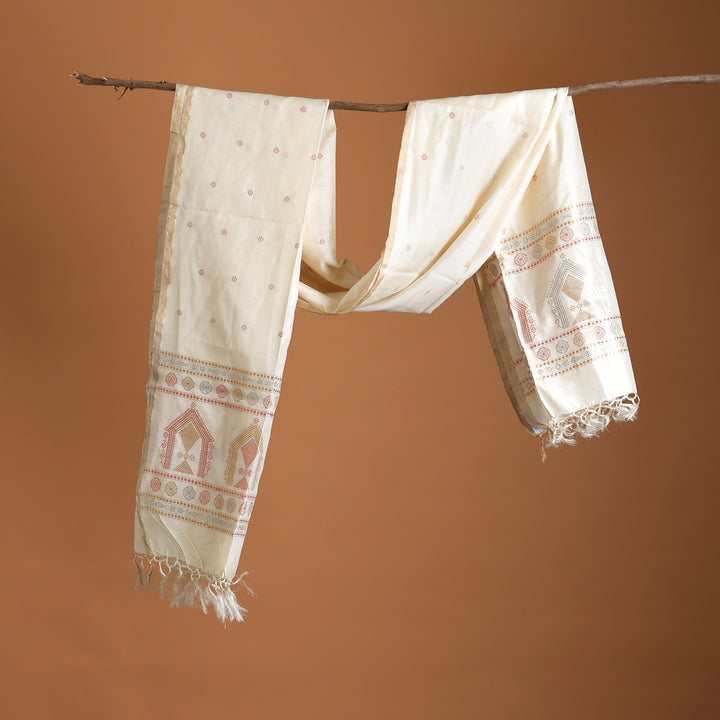Handwoven Tussar & Mulberry Silk Shawl – Off-White with Geometric Motifs