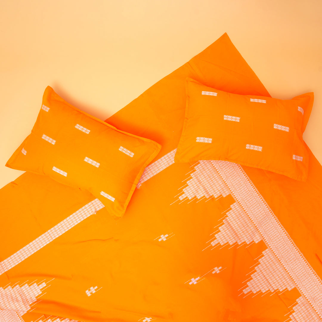Handwoven King-Size Bedsheet Set – Orange & White | Manipuri Ataoubi Weave