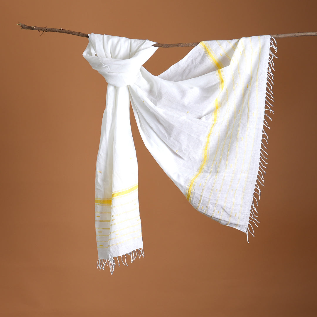 Handloom White Cotton Stole with Yellow Striped Border