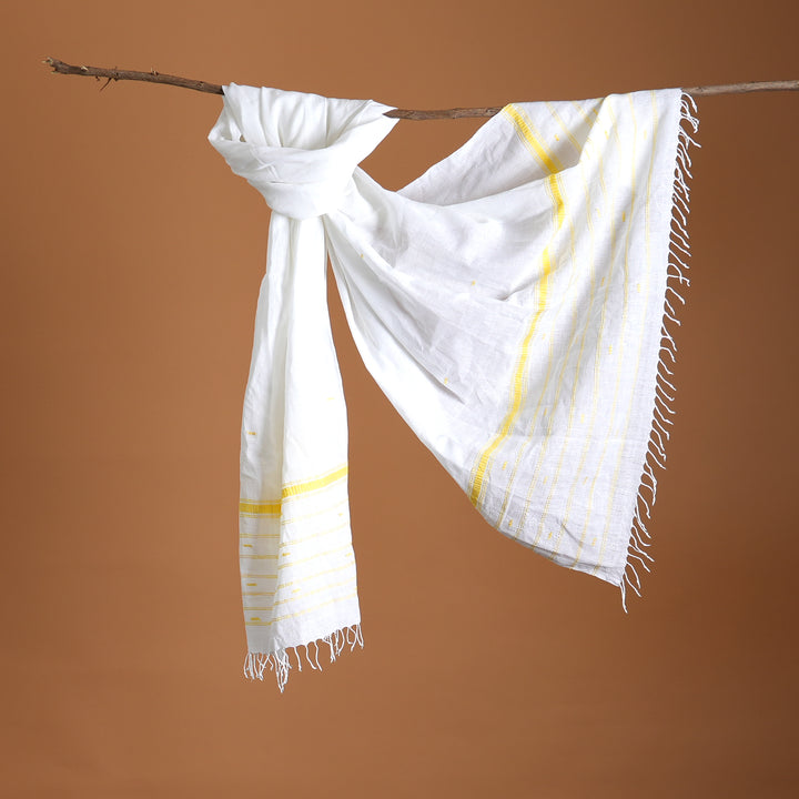 Handloom White Cotton Stole with Yellow Striped Border