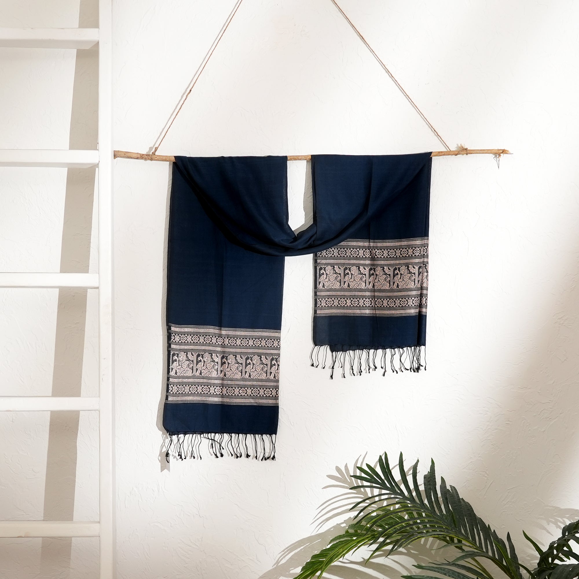 Indigo Cotton Baluchari Stole – Woven Heritage Elegance