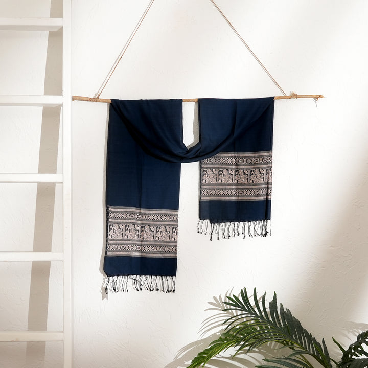 Indigo Cotton Baluchari Stole – Woven Heritage Elegance