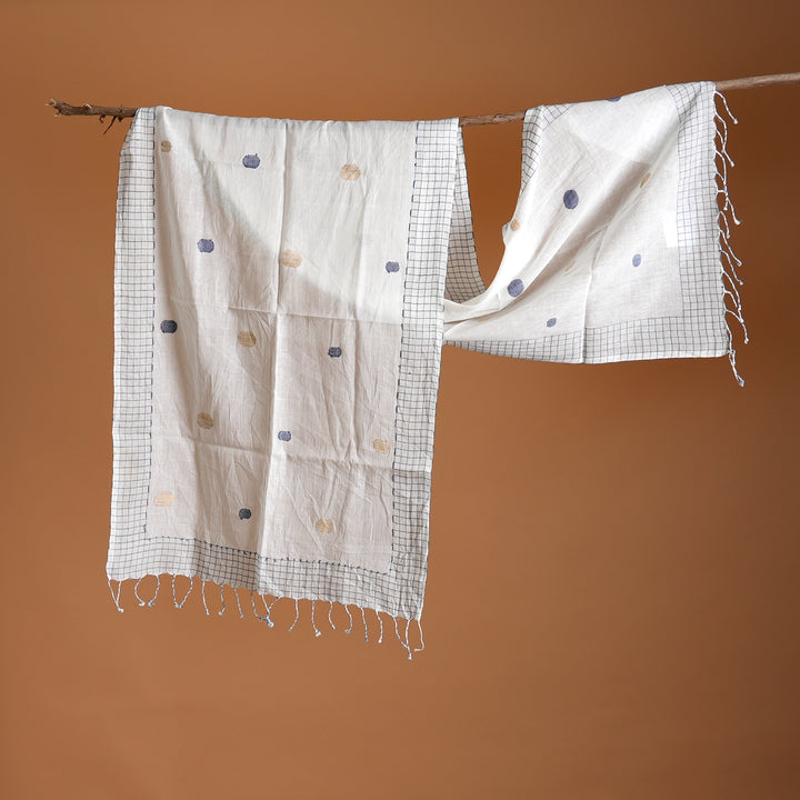 White & Blue Cotton CK Ball Stole – Minimal Elegance with a Playful Twist