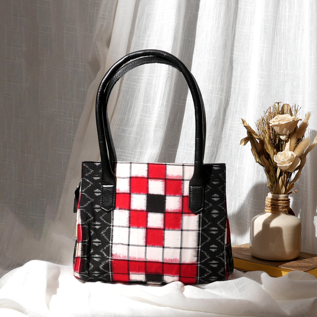 Geometric Ikat Handloom Tote Bag with Leather Handles