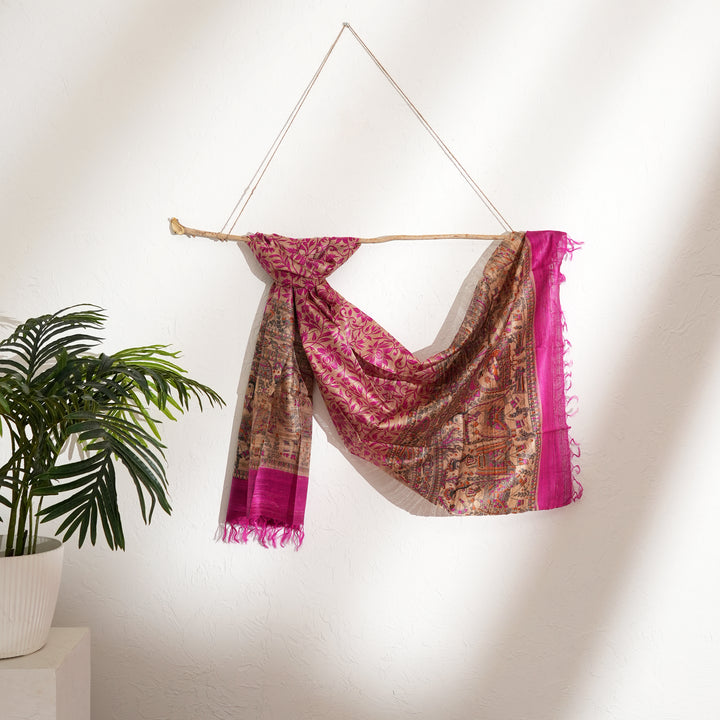 Artisan Handloom Silk Stole with Madhu Bani & Floral Motifs