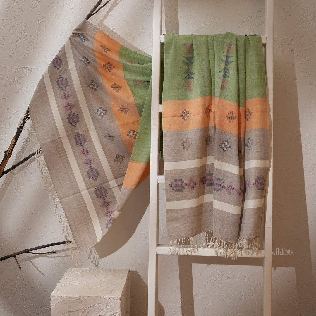 Kullu Handwoven Woolen Shawl – Green & Brown
