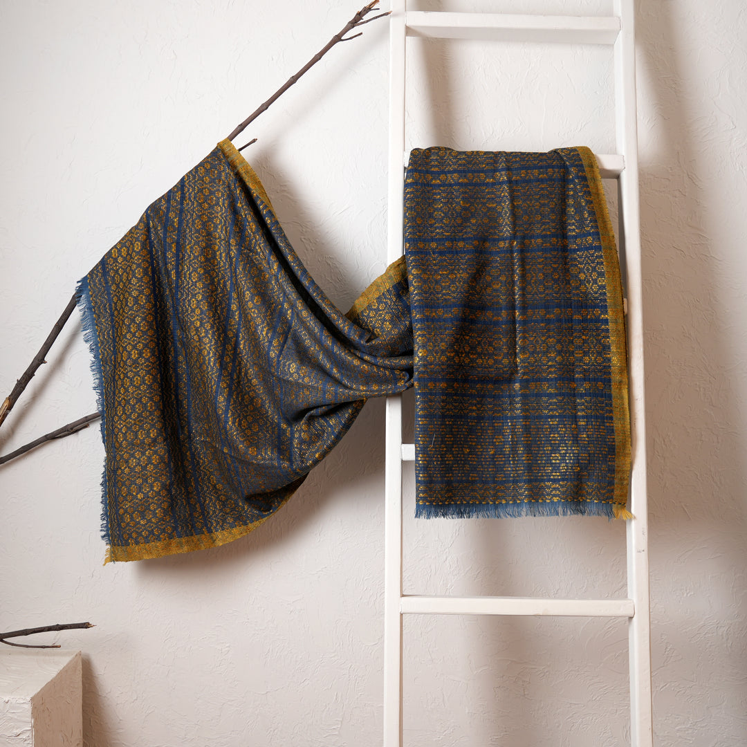 Handcrafted Tussar Silk & Merino Wool Dupatta – Blue & Gold