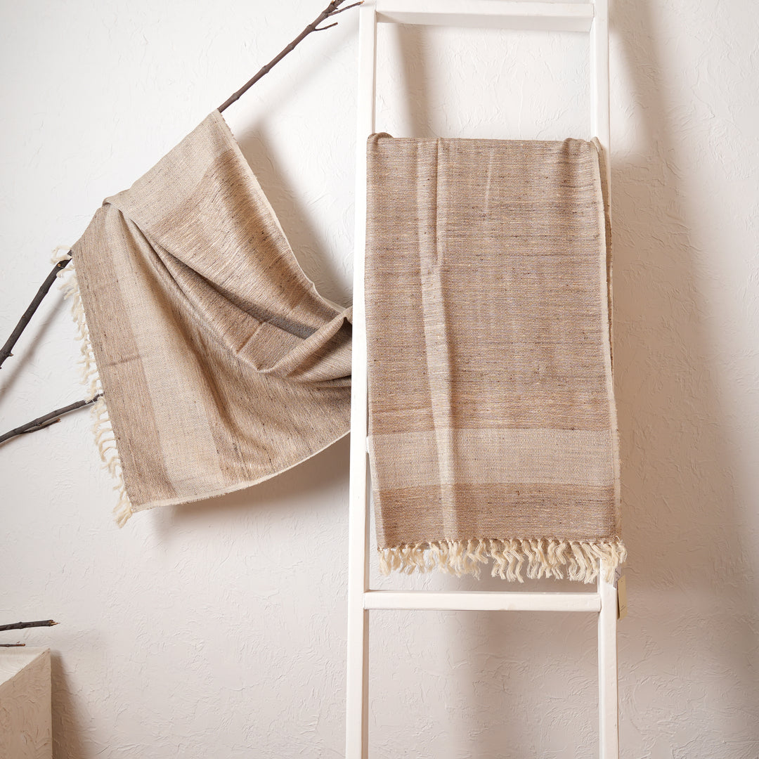 Handwoven Himalayan Oak Tasar Silk & Wool Shawl – Beige