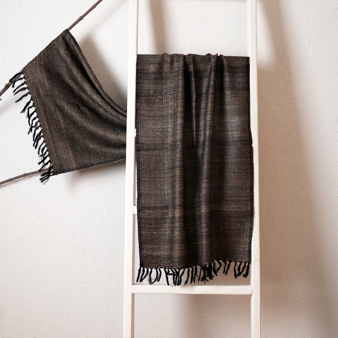 Handwoven Himalayan Oak Tasar Silk & Wool Stole – Black