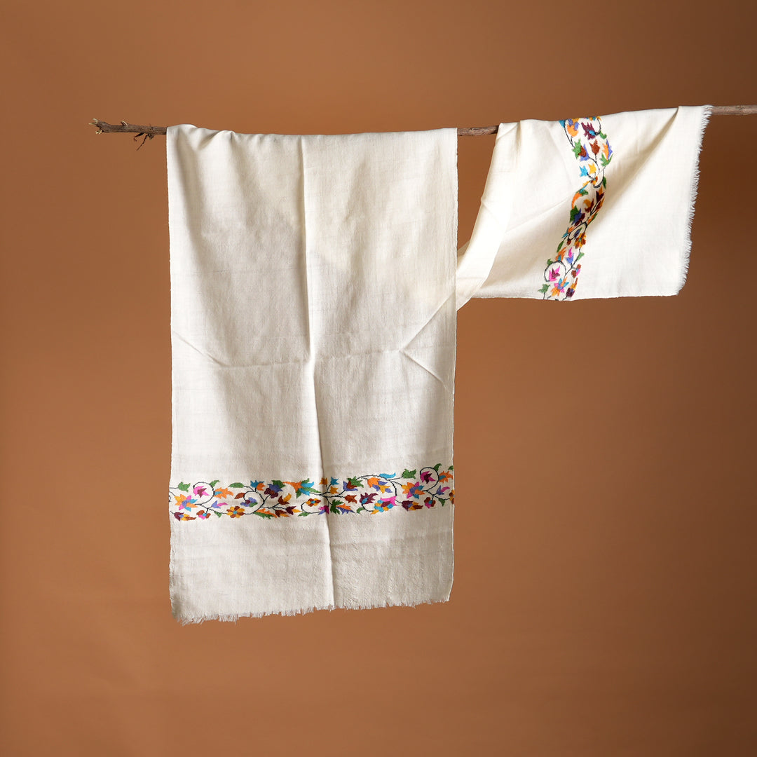 Kani Pashmina Muffler - White Kashmiri Art