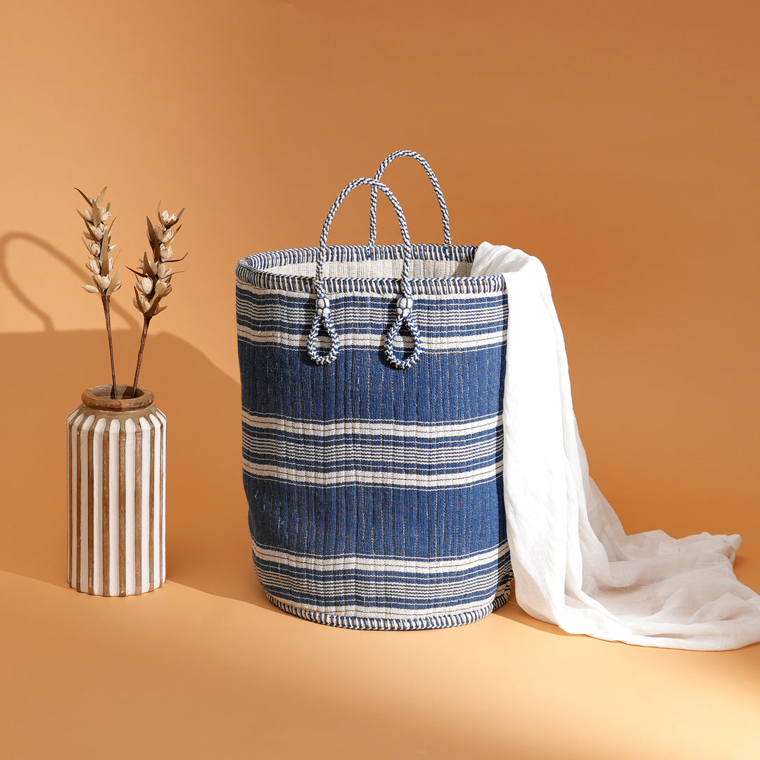 Handcrafted Laundry Basket – Black with Natural Cotton Yarn Embroidery