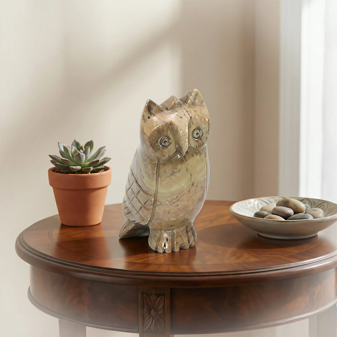 Hand Carved Brown Soapstone Owl Decorative Showpiece for Home