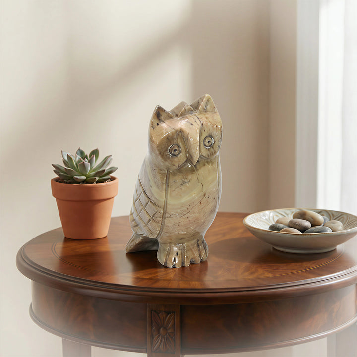 Hand Carved Brown Soapstone Owl Decorative Showpiece for Home