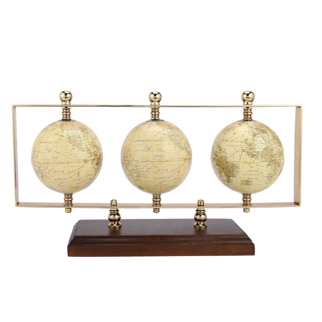 Triple Vertical Globe Odyssey | Revolving Wooden Base Decor for Offices