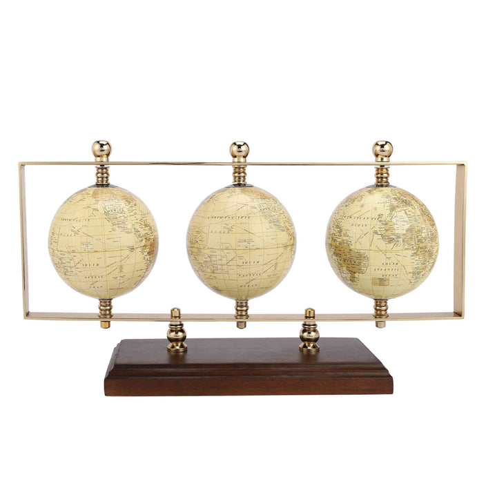 Triple Vertical Globe Odyssey | Revolving Wooden Base Decor for Offices