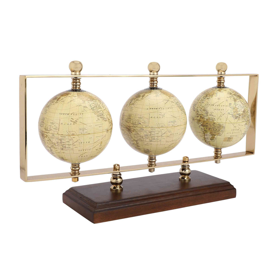 Triple Vertical Globe Odyssey | Revolving Wooden Base Decor for Offices