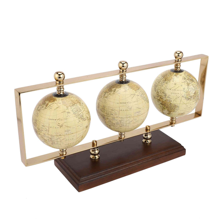 Triple Vertical Globe Odyssey | Revolving Wooden Base Decor for Offices
