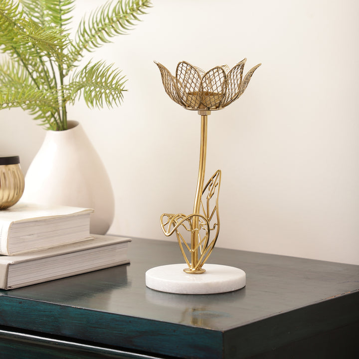 Elegant Kamal Marble Tealight Candle Holder - Lotus Design