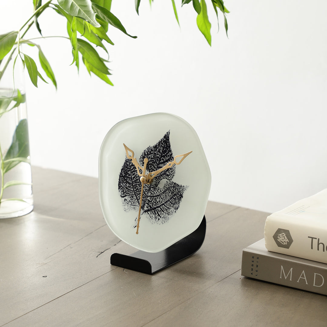 Alina Leaf Glass Timekeeper | Black Leaf-Accented Table Clock