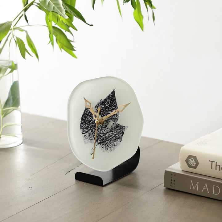 Alina Leaf Glass Timekeeper | Black Leaf-Accented Table Clock