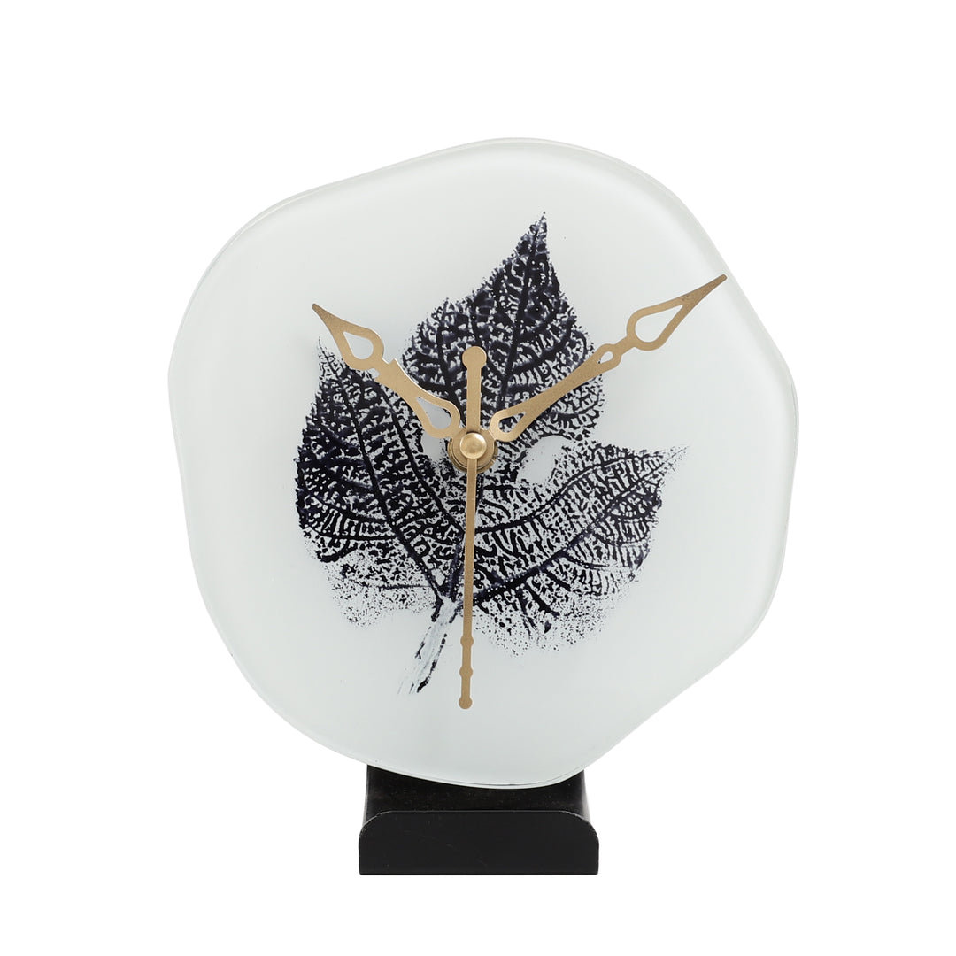 Alina Leaf Glass Timekeeper | Black Leaf-Accented Table Clock