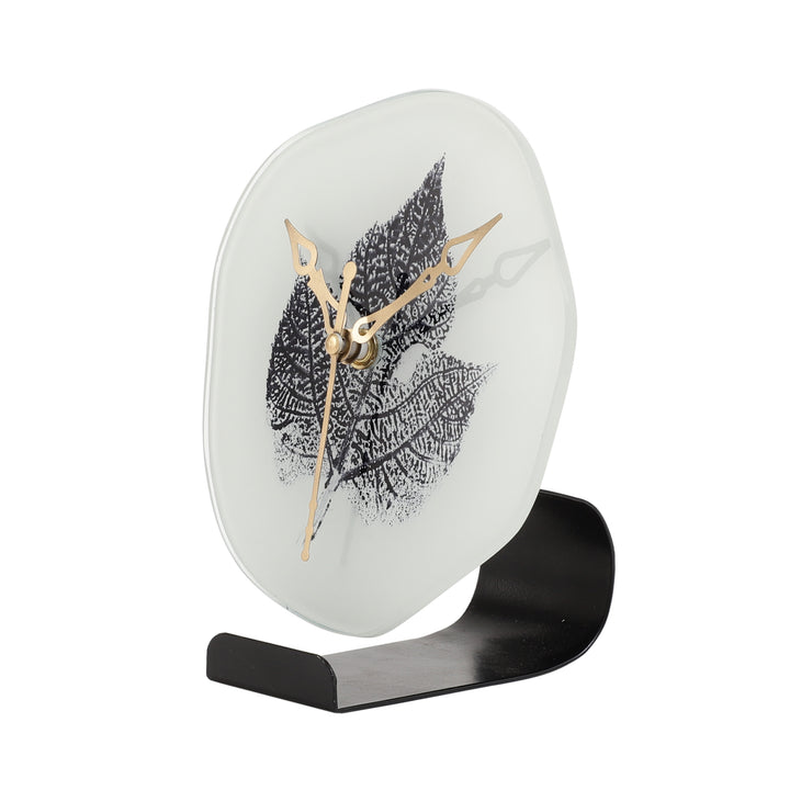 Alina Leaf Glass Timekeeper | Black Leaf-Accented Table Clock