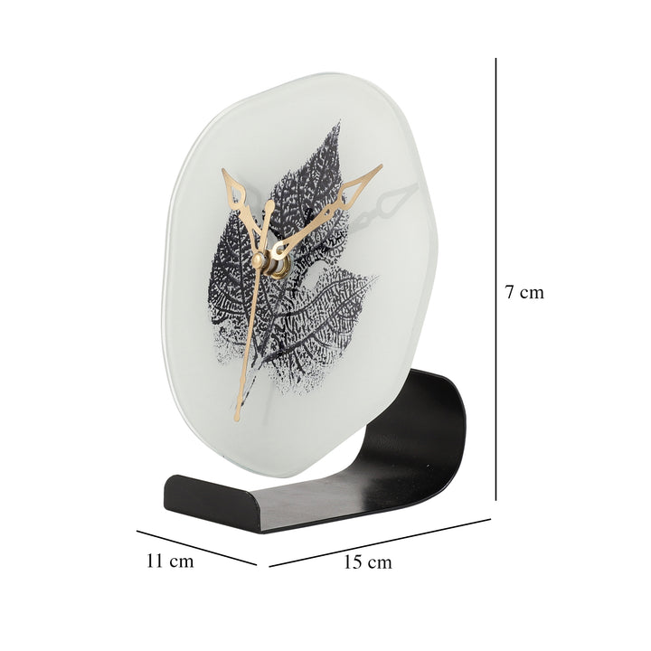 Alina Leaf Glass Timekeeper | Black Leaf-Accented Table Clock