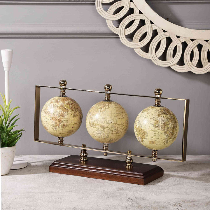 Triple Vertical Globe Odyssey | Revolving Wooden Base Decor for Offices