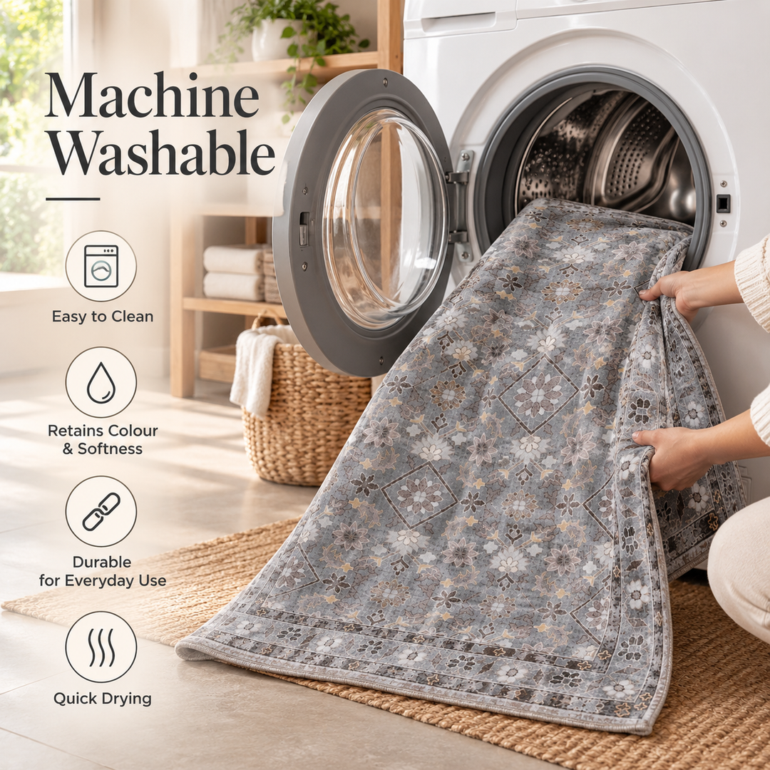 Expobazaar Washable Grey Taupe Persian Floral Rug | Rug in a Box