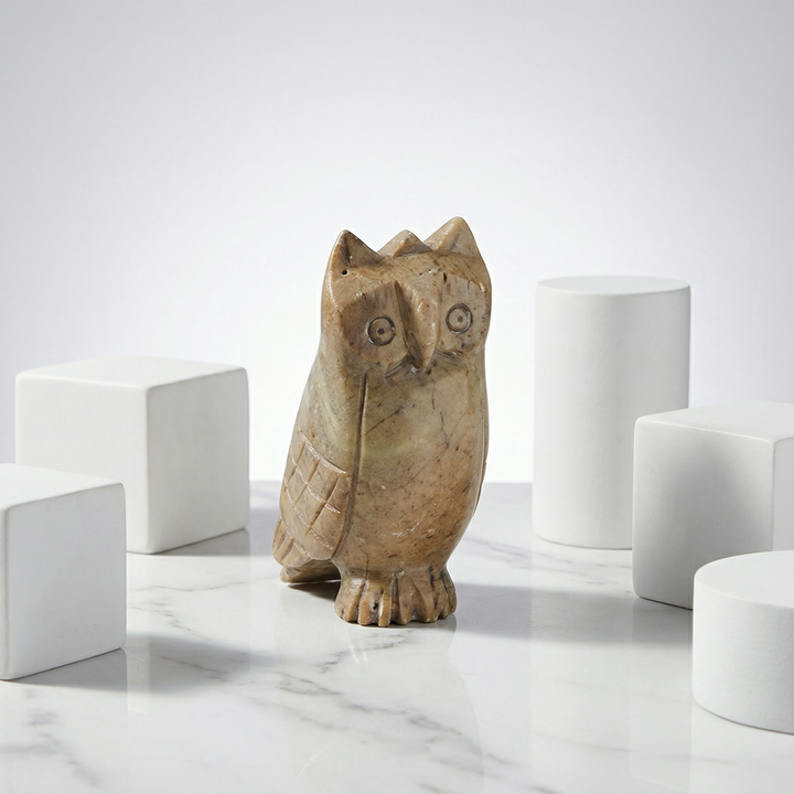Hand Carved Brown Soapstone Owl Decorative Showpiece for Home