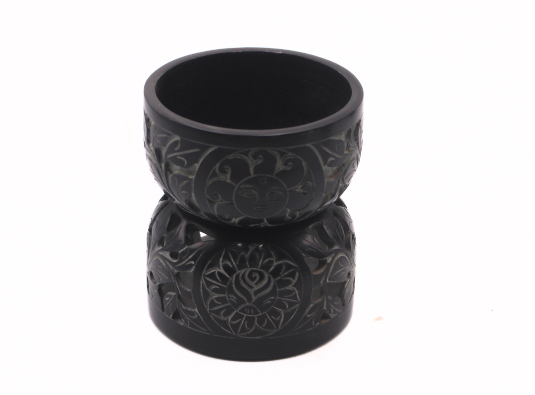 Decorative Black Soapstone Sun and Flower Oil Burner Tabletop Accent