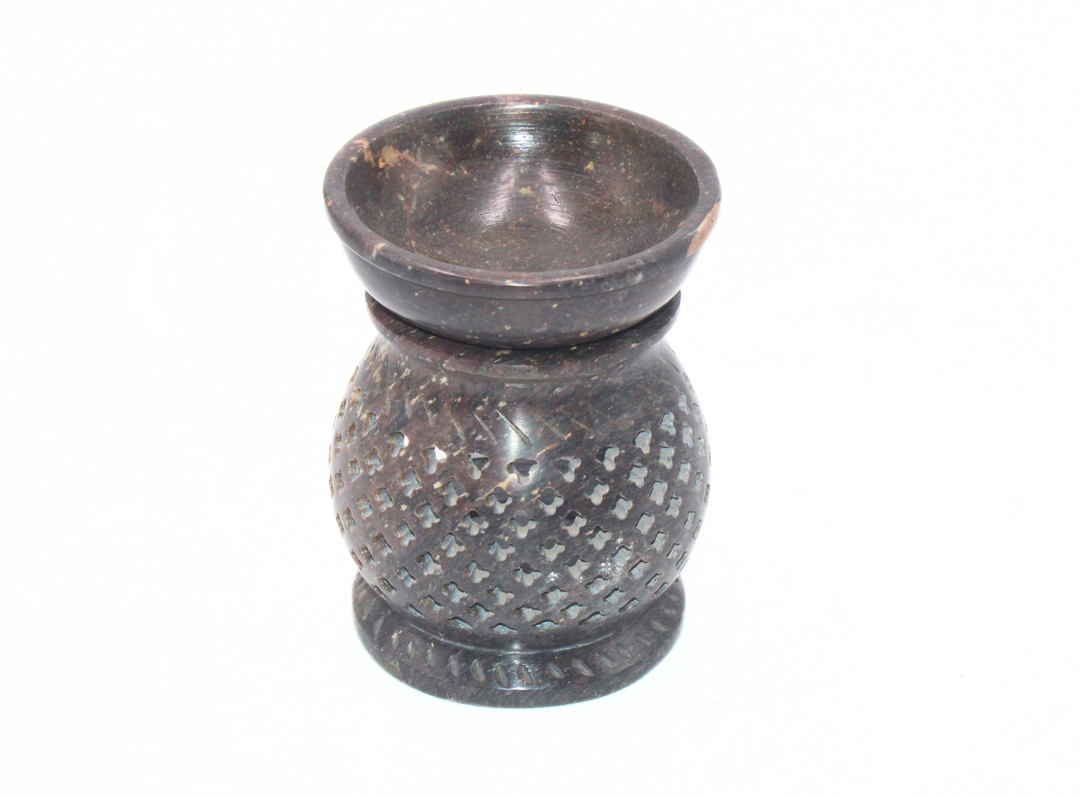 Dark Brown Soapstone Oil Burner with Jali Work Decorative Accent