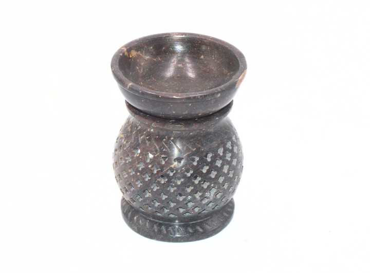 Dark Brown Soapstone Oil Burner with Jali Work Decorative Accent