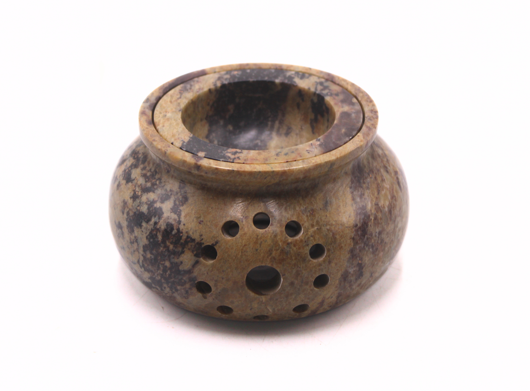 Brown Soapstone Oil Burner with Circular Holes Decorative Accent