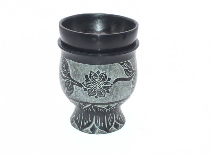 Grey Soapstone Oil Burner with Flower Carving Decorative Accent