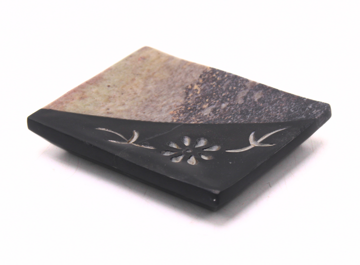 Brown & Black Soapstone Soapdish with Flower Carving Decorative Accent