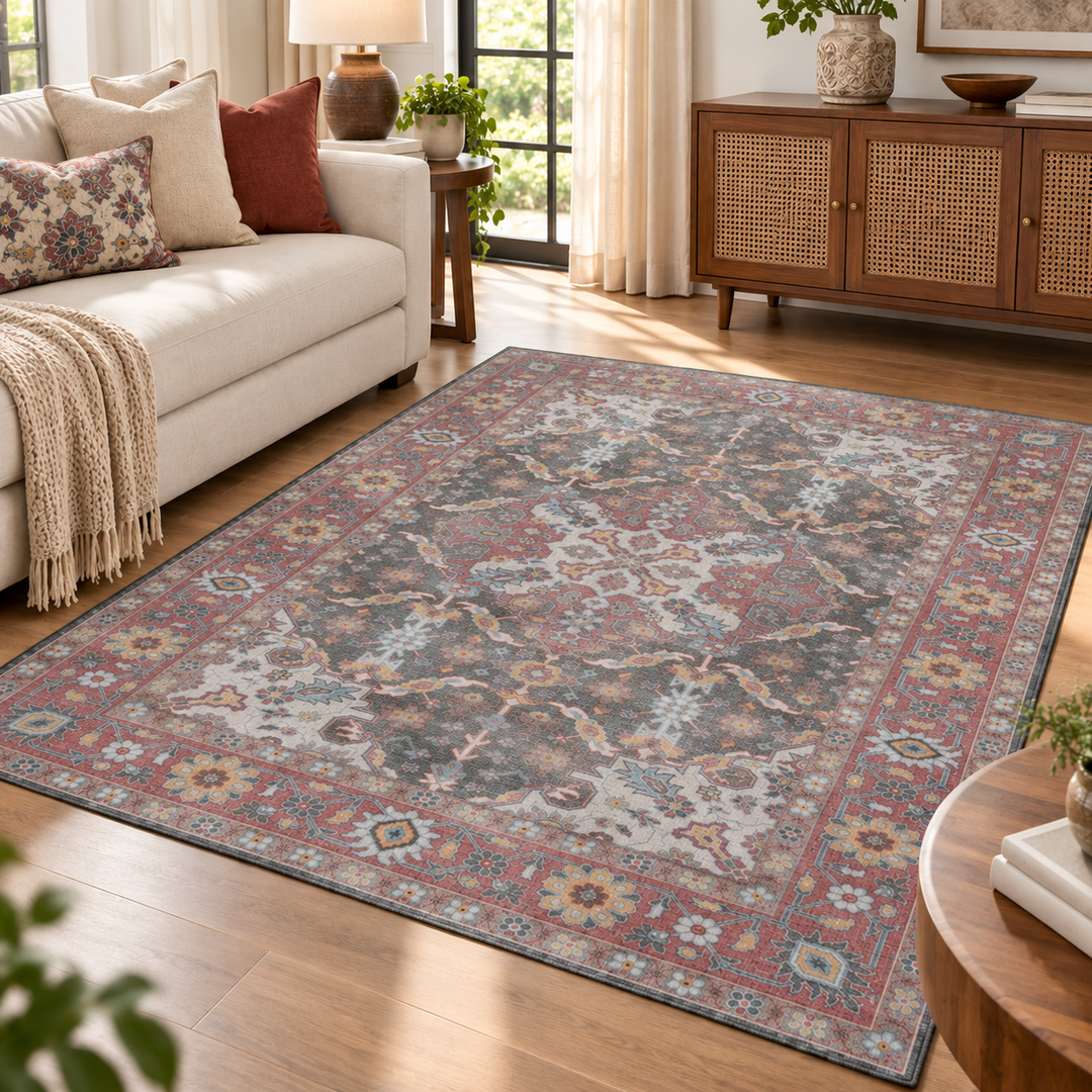 Expobazaar Washable Vintage Charcoal Persian Floral | Rug in a Box