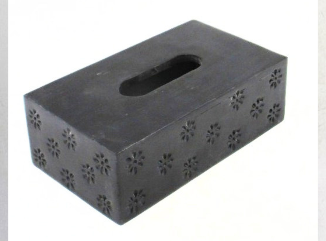Black Soapstone Tissue Holder with Flower Carving Decorative Accent