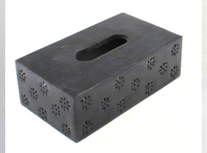 Black Soapstone Tissue Holder with Flower Carving Decorative Accent