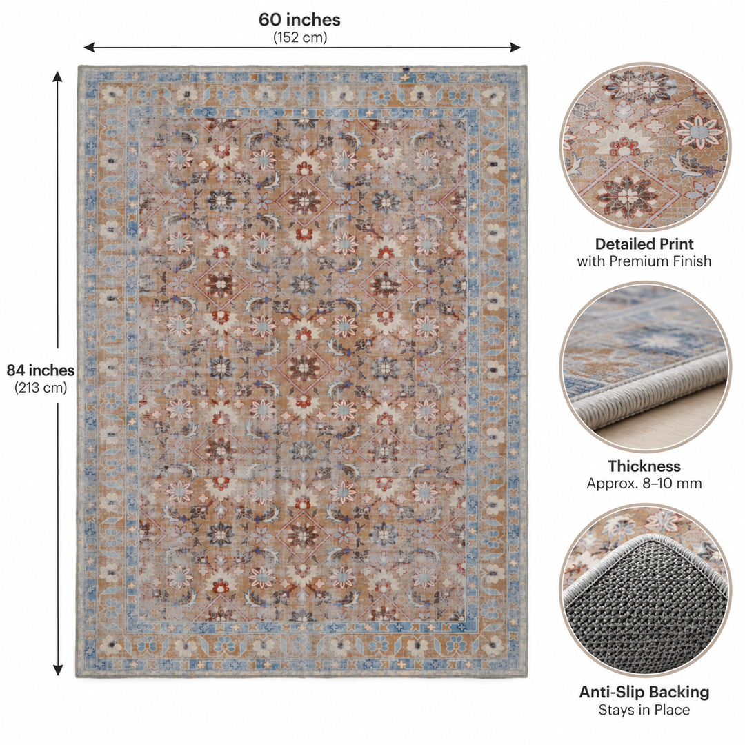 Expobazaar Washable Beige Blue Persian Floral Rug | Rug in a Box