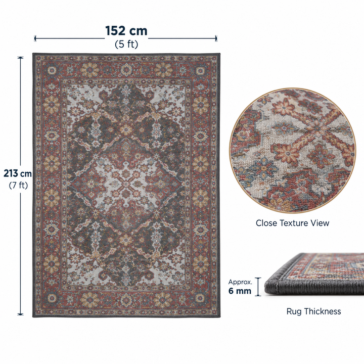 Expobazaar Washable Vintage Charcoal Persian Floral | Rug in a Box