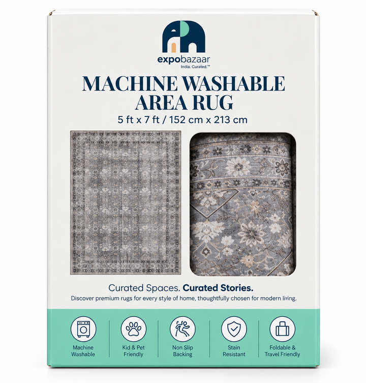 Expobazaar Washable Grey Taupe Persian Floral Rug | Rug in a Box