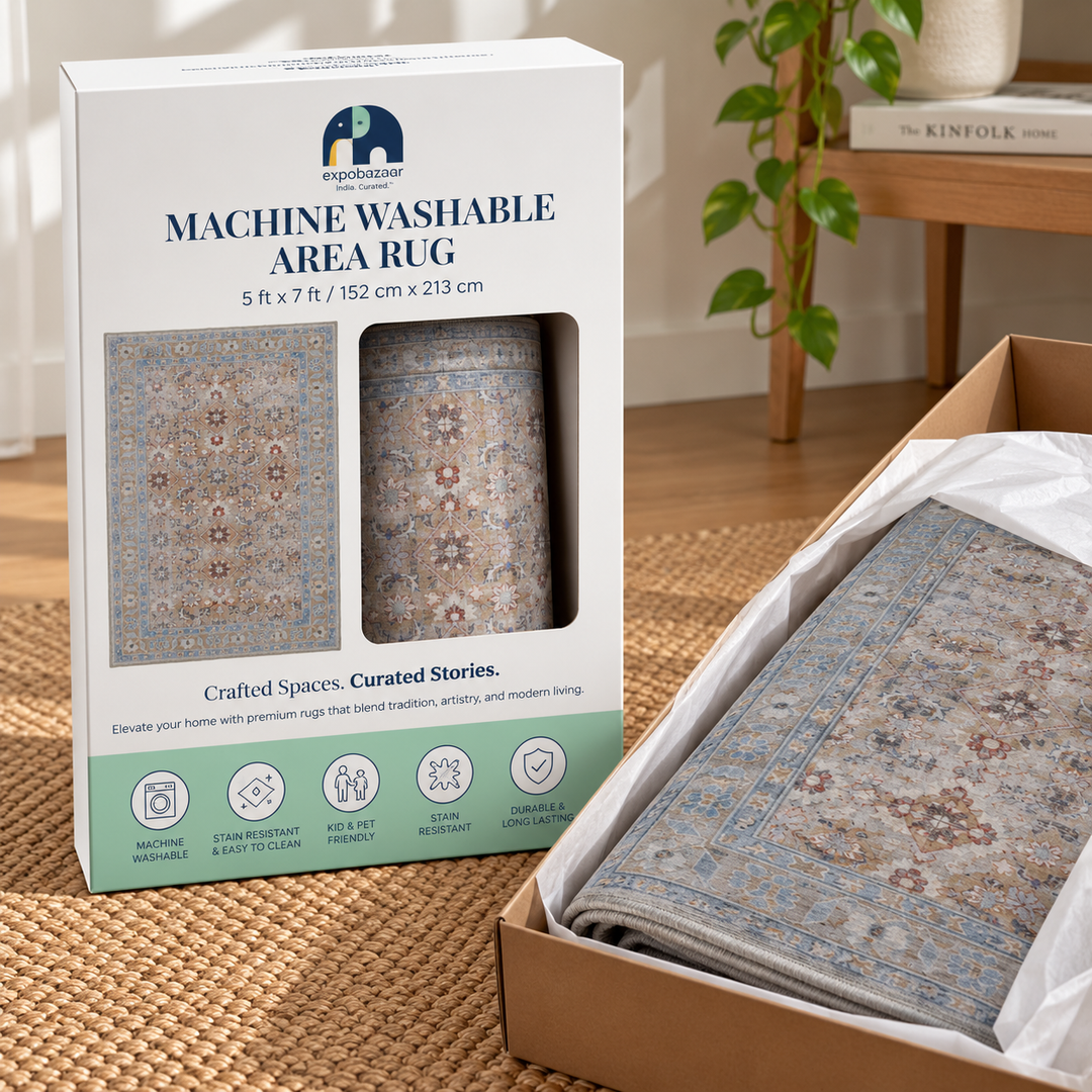 Expobazaar Washable Beige Blue Persian Floral Rug | Rug in a Box