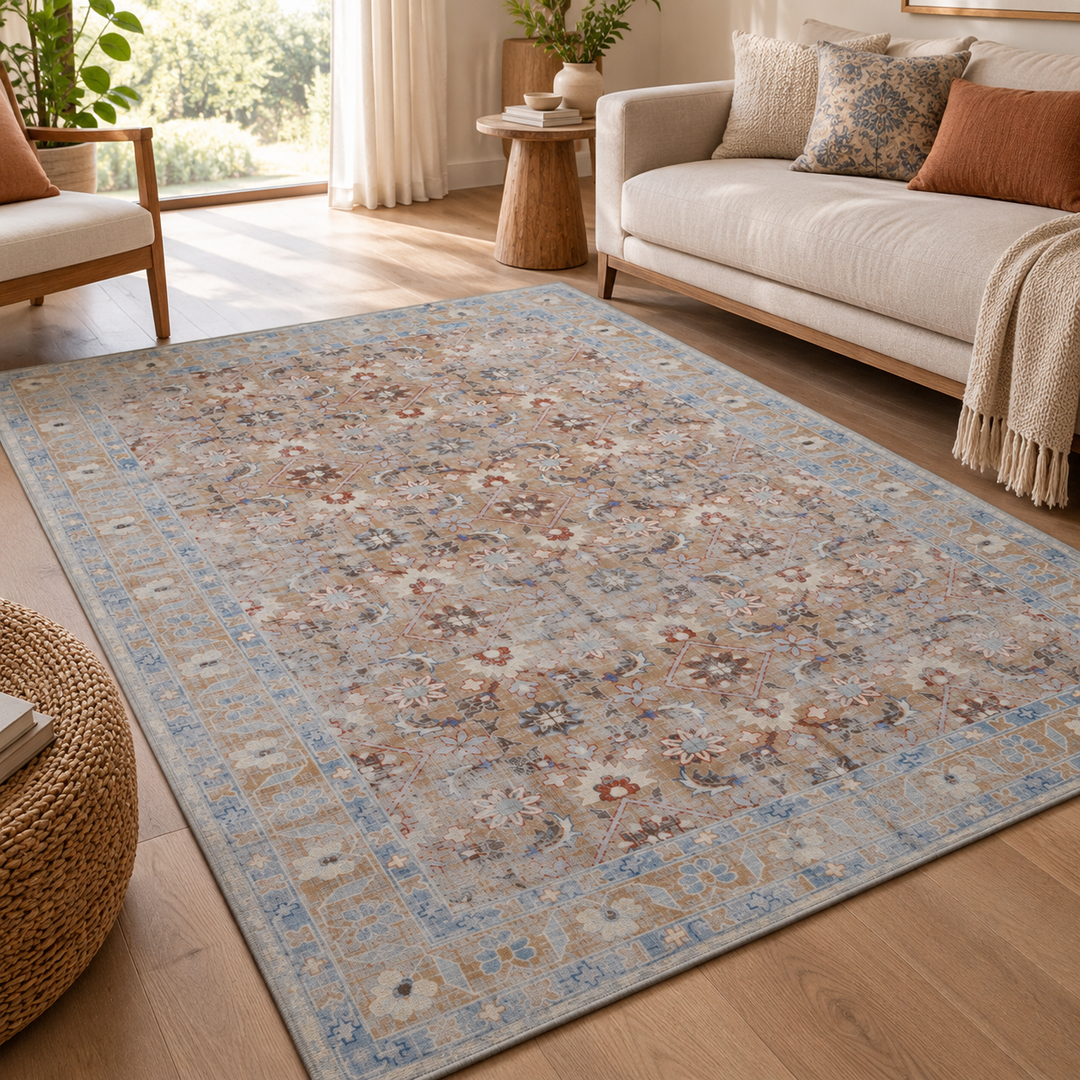 Expobazaar Washable Beige Blue Persian Floral Rug | Rug in a Box