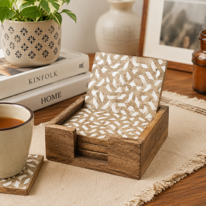 Carved Natural Wood Coaster Set with Holder