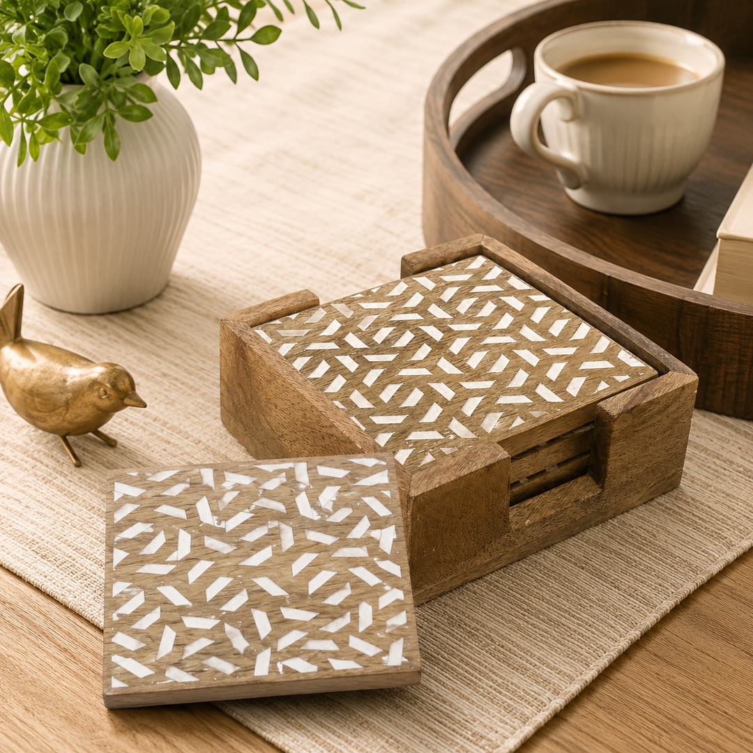 Carved Natural Wood Coaster Set with Holder