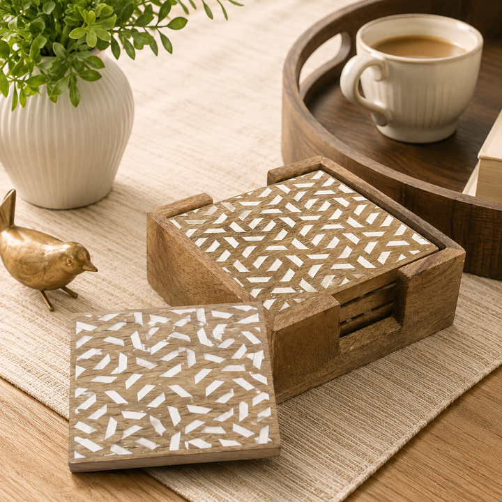 Carved Natural Wood Coaster Set with Holder