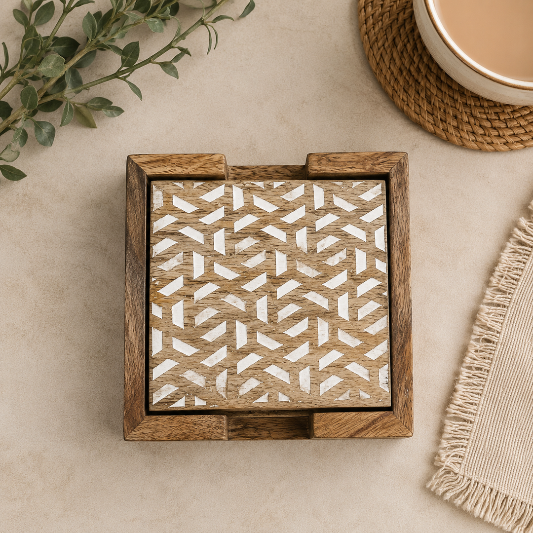 Carved Natural Wood Coaster Set with Holder