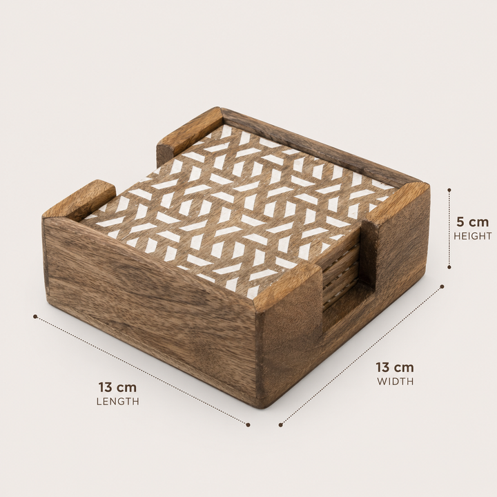 Carved Natural Wood Coaster Set with Holder