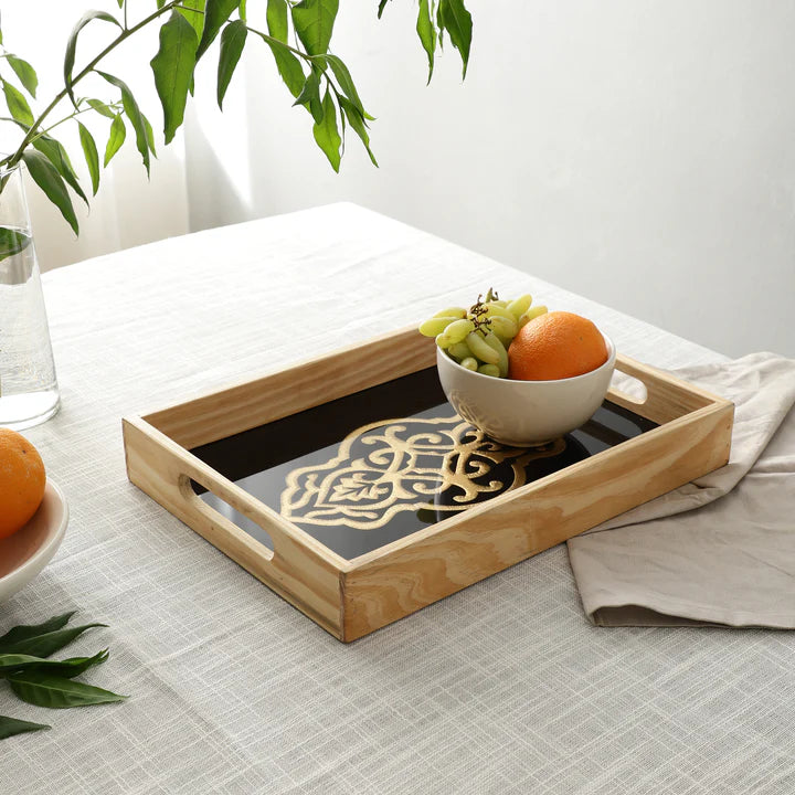 Elegant Glass Serving Tray with Gold Inlay Design